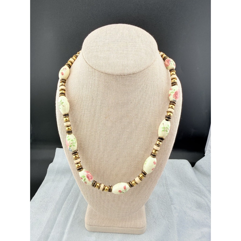 Vintage Ceramic Painted Floral Beaded Necklace Gold Tone 20"